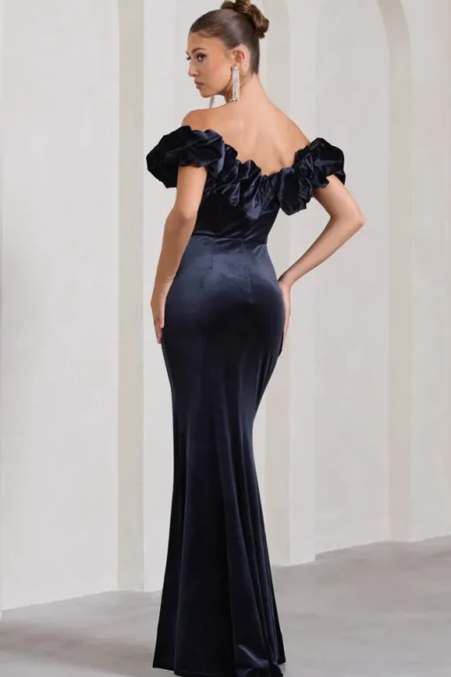 Esmeralda | Navy Velvet Structured Ruffled Bardot Maxi Dress