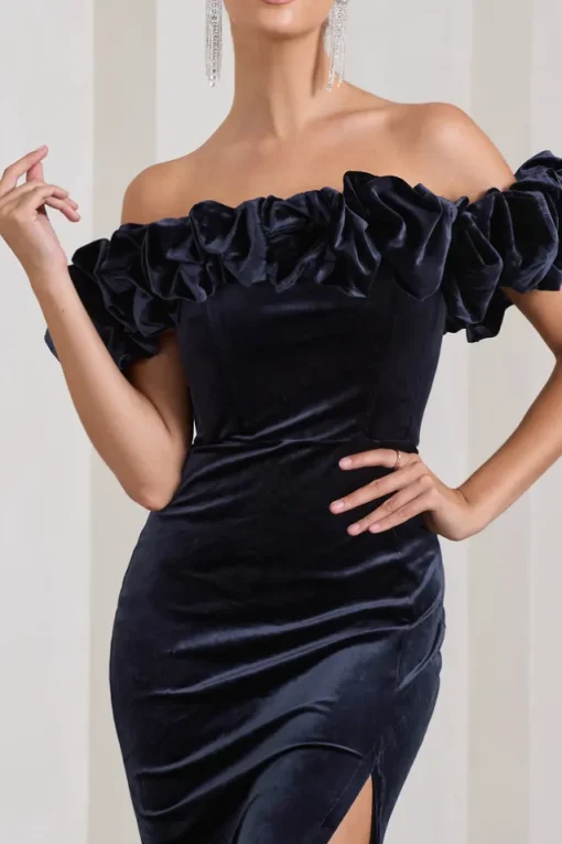 Esmeralda | Navy Velvet Structured Ruffled Bardot Maxi Dress
