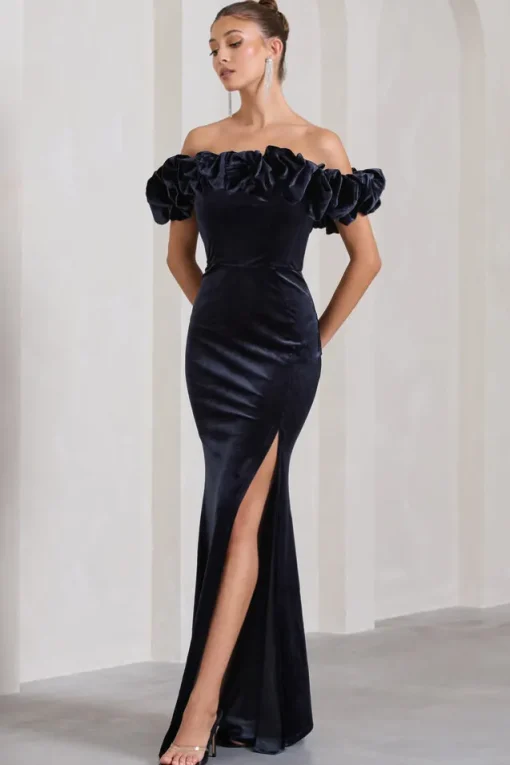 Esmeralda | Navy Velvet Structured Ruffled Bardot Maxi Dress