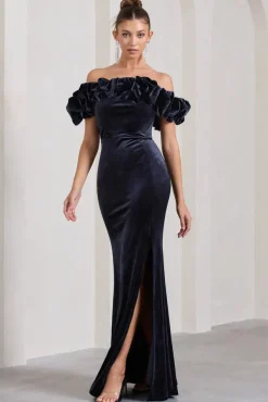 Esmeralda | Navy Velvet Structured Ruffled Bardot Maxi Dress