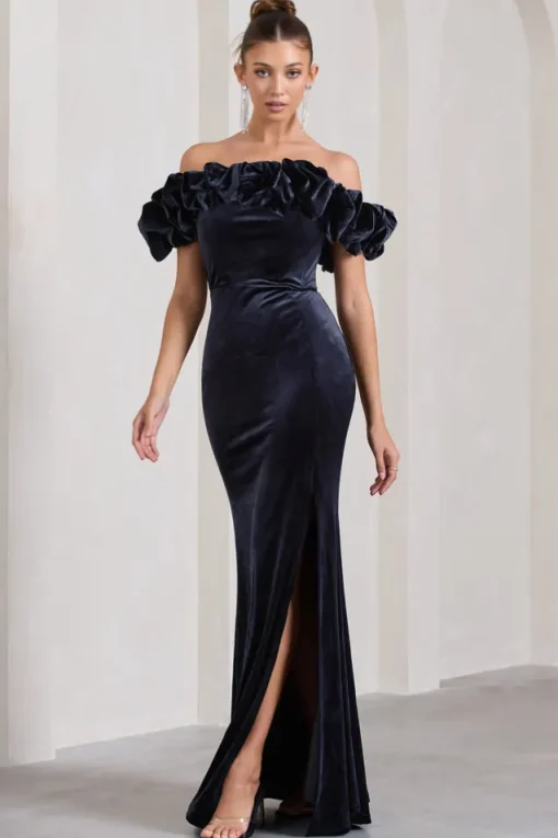 Esmeralda | Navy Velvet Structured Ruffled Bardot Maxi Dress