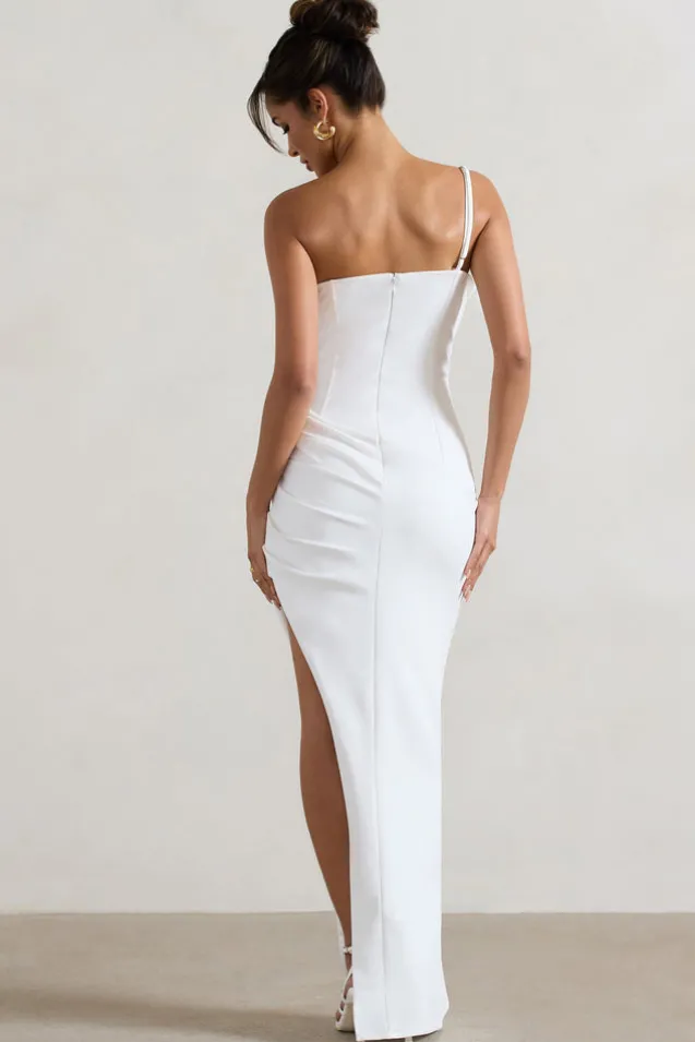 Esther | White Wrap Maxi Dress With Corsage