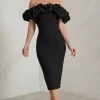 Estie | Black Structured Statement Bardot Midi Dress