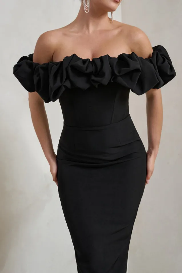 Estie | Black Structured Statement Bardot Midi Dress