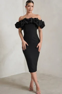 Estie | Black Structured Statement Bardot Midi Dress