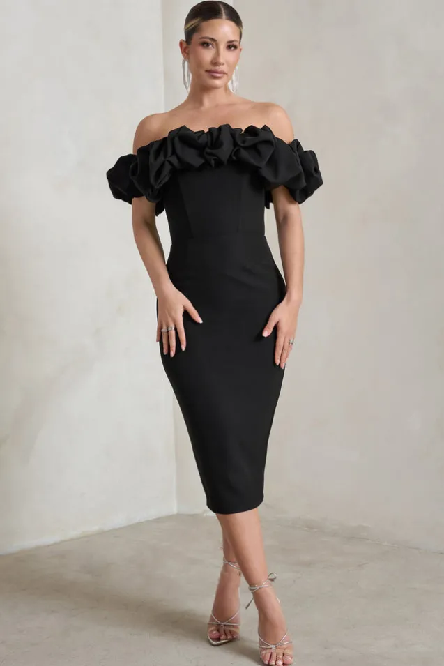 Estie | Black Structured Statement Bardot Midi Dress