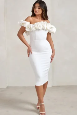 Estie | White Structured Statement Bardot Midi Dress