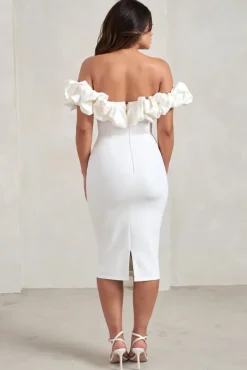 Estie | White Structured Statement Bardot Midi Dress