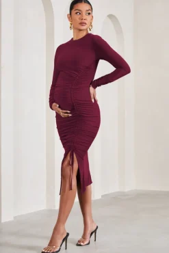 Eternal | Berry Long-Sleeved Split Maternity Midi Dress
