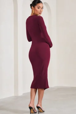Eternal | Berry Long-Sleeved Split Maternity Midi Dress