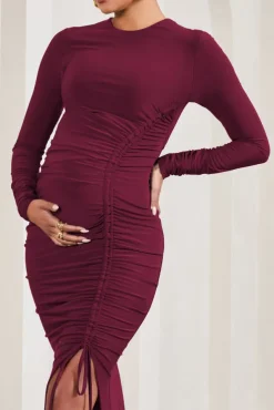 Eternal | Berry Long-Sleeved Split Maternity Midi Dress