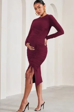 Eternal | Berry Long-Sleeved Split Maternity Midi Dress