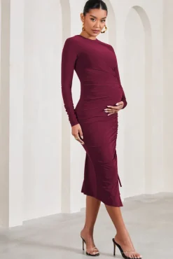 Eternal | Berry Long-Sleeved Split Maternity Midi Dress