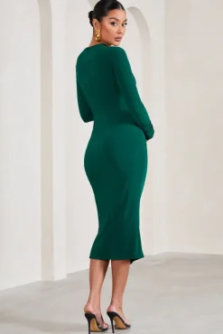 Eternal | Bottle Green Long-Sleeved Split Maternity Midi Dress