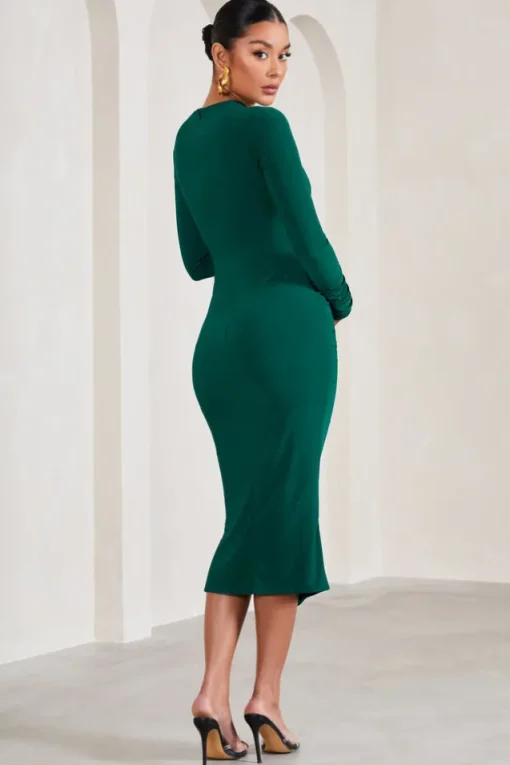Eternal | Bottle Green Long-Sleeved Split Maternity Midi Dress