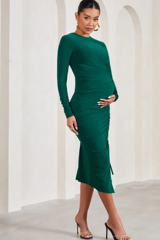 Eternal | Bottle Green Long-Sleeved Split Maternity Midi Dress