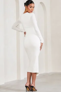 Eternal | White Ruched Long-Sleeved Split Maternity Midi Dress