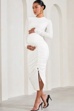 Eternal | White Ruched Long-Sleeved Split Maternity Midi Dress