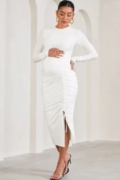 Eternal | White Ruched Long-Sleeved Split Maternity Midi Dress