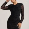 Euphoria | Black Ruched Long Sleeve Mini Dress