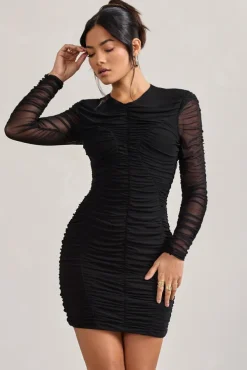 Euphoria | Black Ruched Long Sleeve Mini Dress