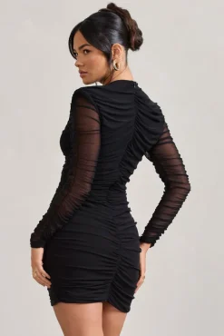 Euphoria | Black Ruched Long Sleeve Mini Dress