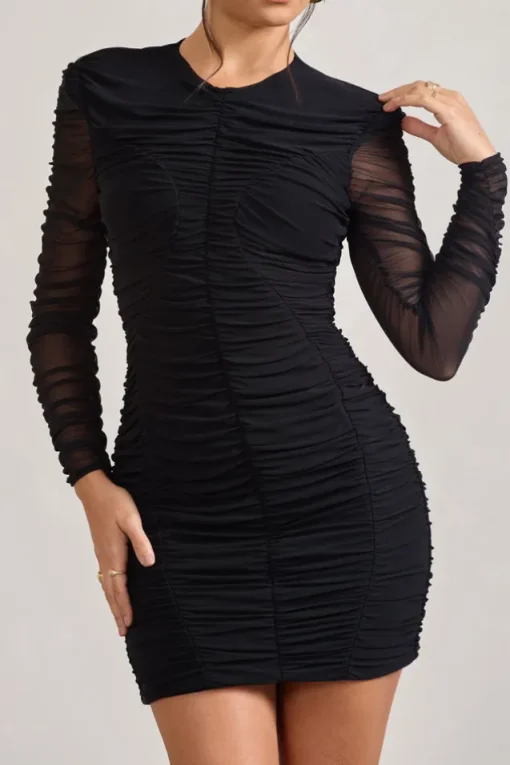 Euphoria | Black Ruched Long Sleeve Mini Dress