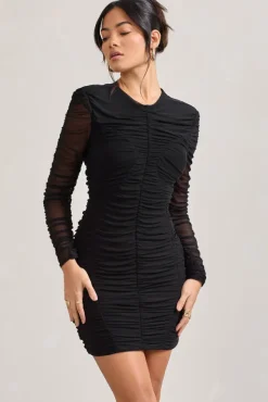 Euphoria | Black Ruched Long Sleeve Mini Dress