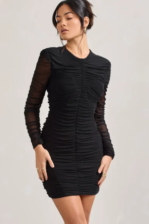 Euphoria | Black Ruched Long Sleeve Mini Dress