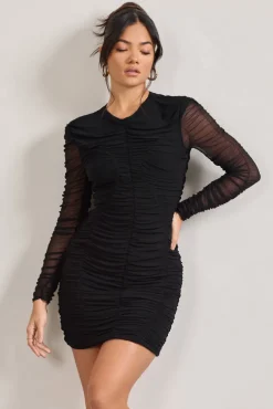 Euphoria | Black Ruched Long Sleeve Mini Dress