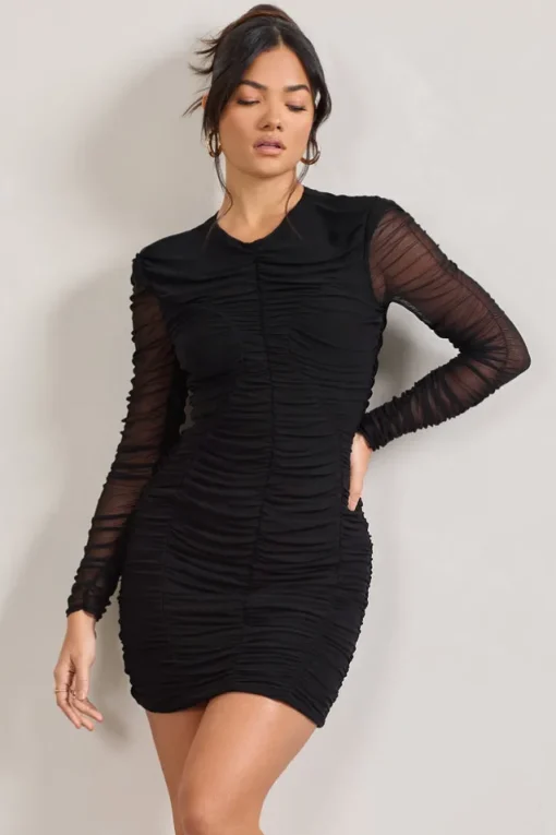 Euphoria | Black Ruched Long Sleeve Mini Dress