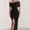Eva | Black Bardot Bow Detail Maxi Dress With Thigh Split
