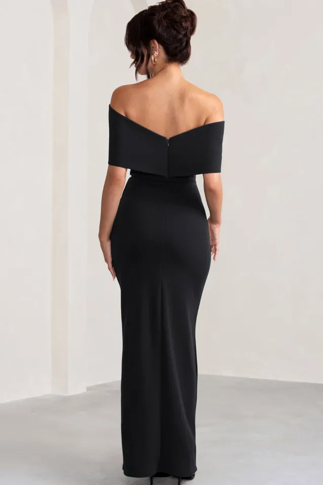 Eva | Black Bardot Bow Detail Maxi Dress With Thigh Split
