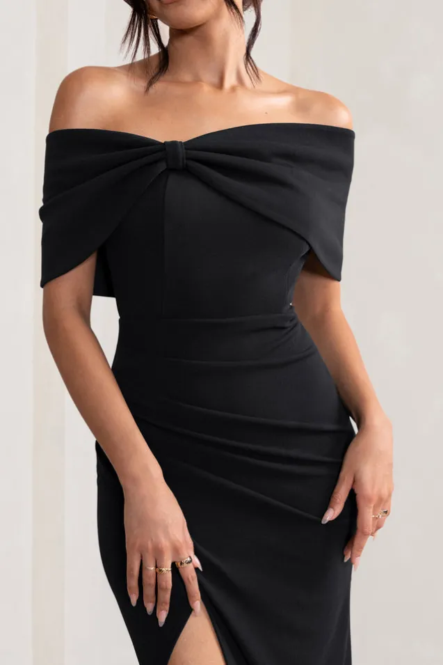 Eva | Black Bardot Bow Detail Maxi Dress With Thigh Split