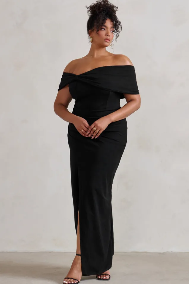 Eva | Black Bardot Bow Detail Maxi Dress With Thigh Split