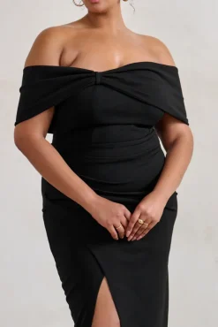 Eva | Black Bardot Bow Detail Maxi Dress With Thigh Split