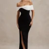 Eva | Black u0026 White Bardot Bow Detail Maxi Dress With Thigh Split