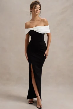 Eva | Black u0026 White Bardot Bow Detail Maxi Dress With Thigh Split