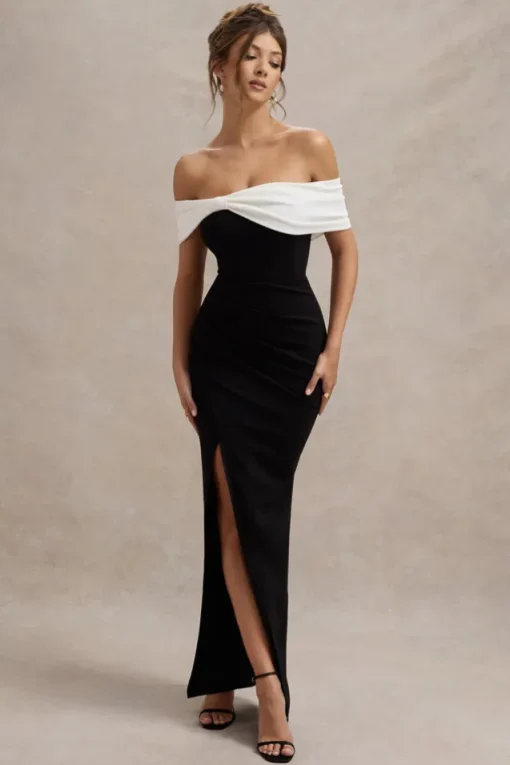 Eva | Black u0026 White Bardot Bow Detail Maxi Dress With Thigh Split