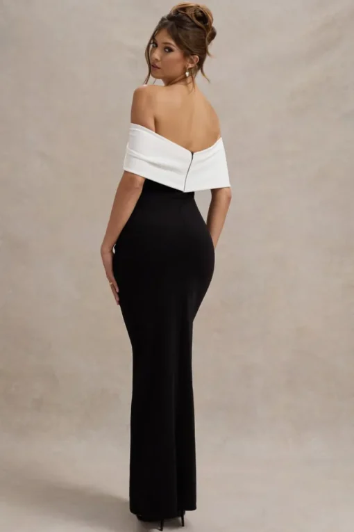 Eva | Black u0026 White Bardot Bow Detail Maxi Dress With Thigh Split