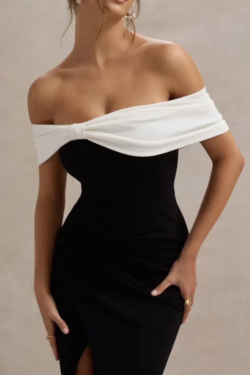 Eva | Black u0026 White Bardot Bow Detail Maxi Dress With Thigh Split
