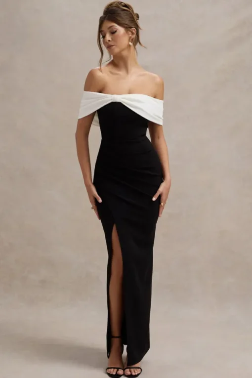 Eva | Black u0026 White Bardot Bow Detail Maxi Dress With Thigh Split
