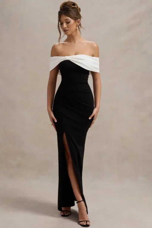 Eva | Black u0026 White Bardot Bow Detail Maxi Dress With Thigh Split