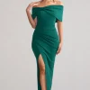 Eva | Green Bardot Bow Detail Maxi Dress With Thigh Split