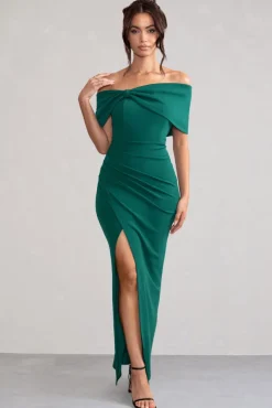 Eva | Green Bardot Bow Detail Maxi Dress With Thigh Split