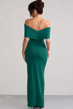 Eva | Green Bardot Bow Detail Maxi Dress With Thigh Split