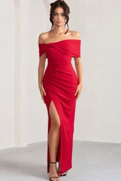 Eva | Red Bardot Bow Detail Maxi Dress With Thigh Split