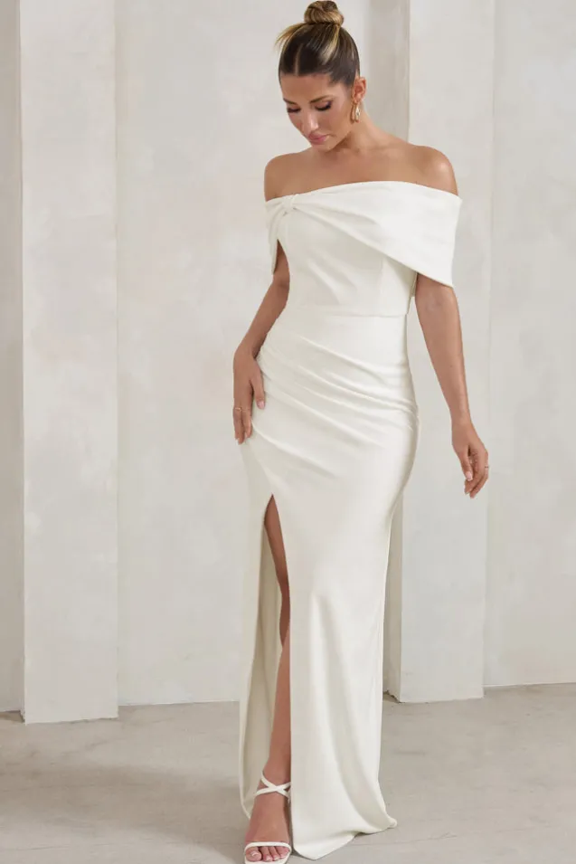 Eva | White Bardot Bow Detail Maxi Dress With Thigh Split
