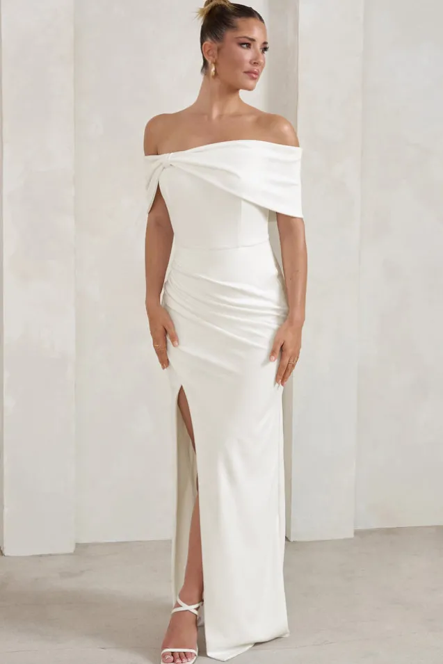 Eva | White Bardot Bow Detail Maxi Dress With Thigh Split