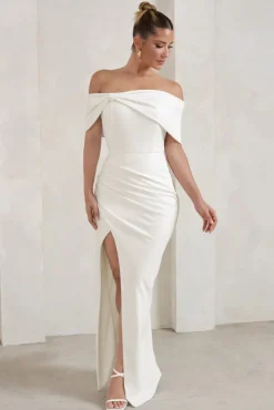 Eva | White Bardot Bow Detail Maxi Dress With Thigh Split